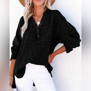 NEW Mineral Washed Black Cotton Crinkle Cut Long Sleeve Henley Top